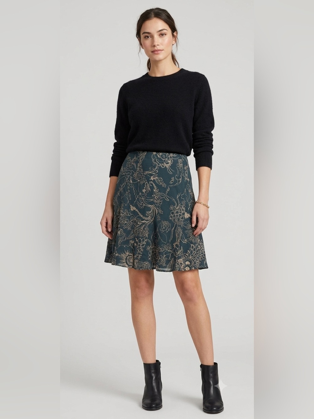 DKNY Jeans Petites Floral Print A-Line Flared Skirt Dark Teal Navy Cream Size 2P